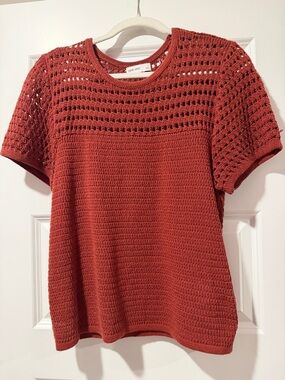 Nine West Brick Red Crochet Short Sleeve Top